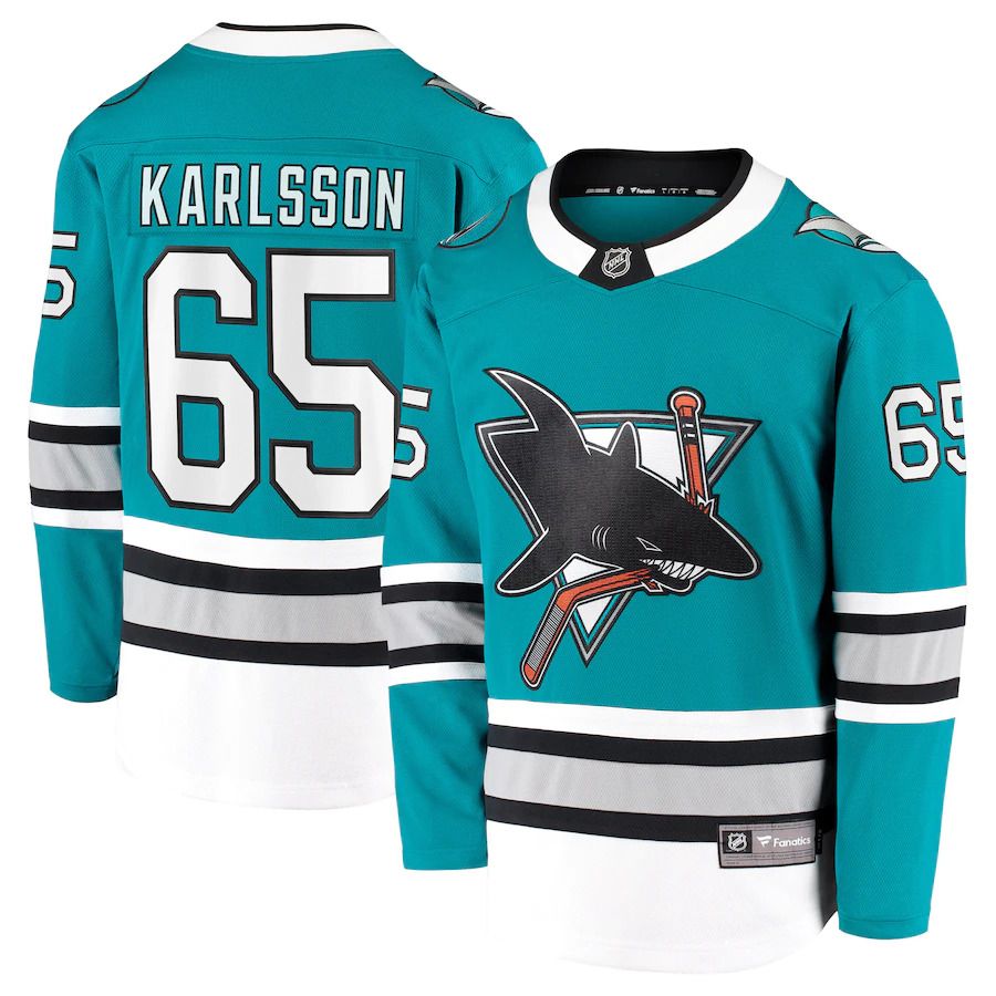 Men San Jose Sharks 65 Erik Karlsson Fanatics Branded Teal 30th Anniversary Premier Breakaway Player NHL Jersey